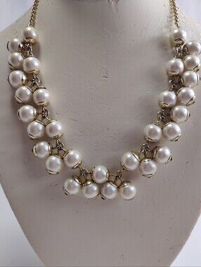 J.Crew Faux Pearl Cluster Statement Necklace Gold Tone 18-21" Adjustable Signed